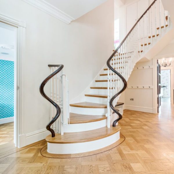 Timber Staircase, beautiful staircase with black walnut wavy curved handrails, Oak treads