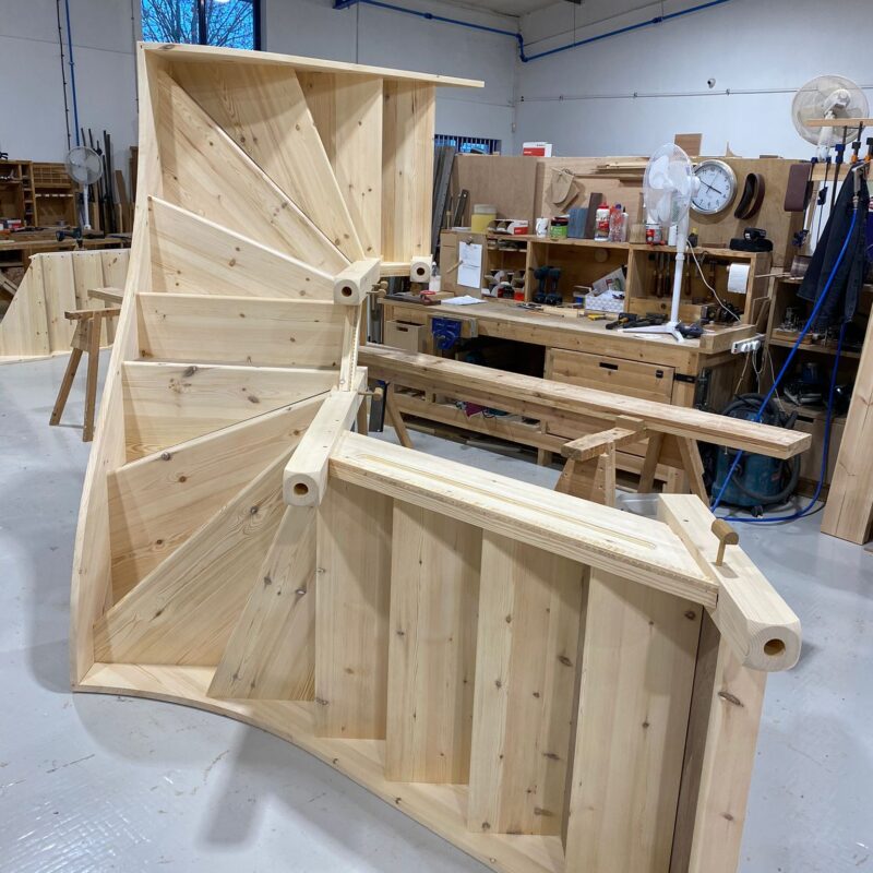 What are the parts of a wooden staircase called?